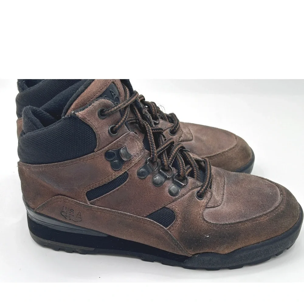 USA Olympic Mens Brown Leather Hiking Boots Mid Top Lace Up Gorpcore Shoe